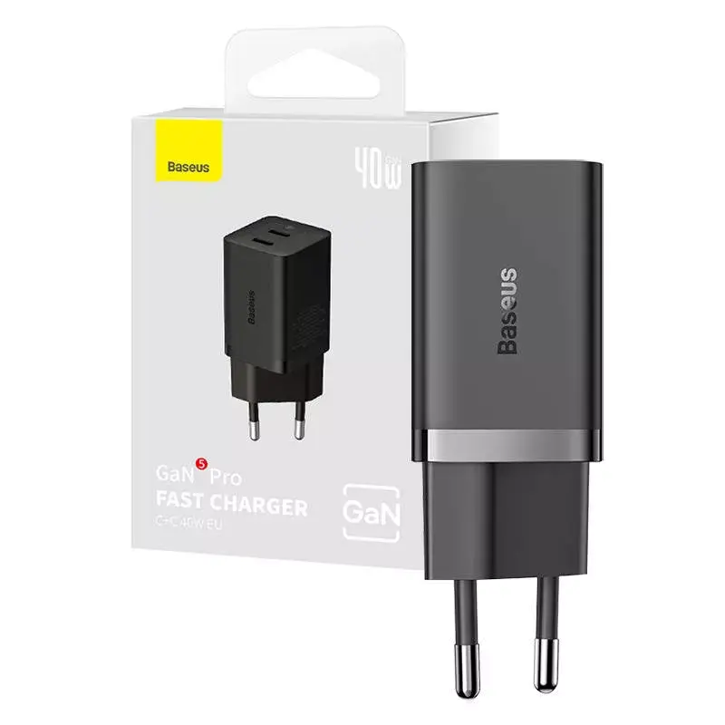 Nástenná nabíjačka Baseus GaN5 40 W, 2x USB-C (čierna)