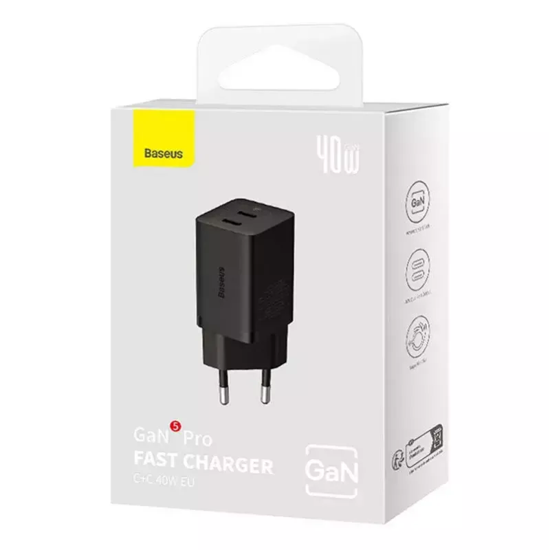Nástenná nabíjačka Baseus GaN5 40 W, 2x USB-C (čierna)