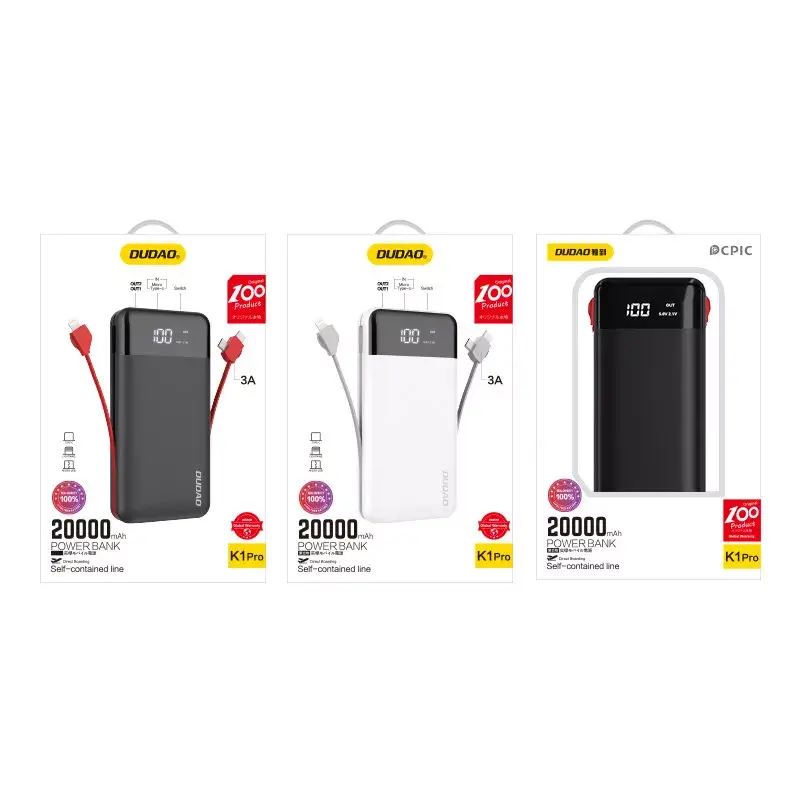Powerbank Dudao K1Pro 20000 mAh 15 W so 4 integrovanými káblami, čierna