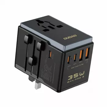 Cestovný adaptér Dudao A35Pro 35W s 3× USB-C a 2× USB-A, multi konektor EU/UK/AUS/US/JP – čierny