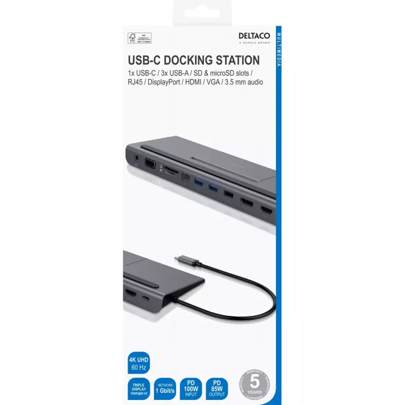 Dokovacia stanica pre notebook Deltaco USBC-DOCK2 káblová USB 3.2 Gen 1 Type-C sivá