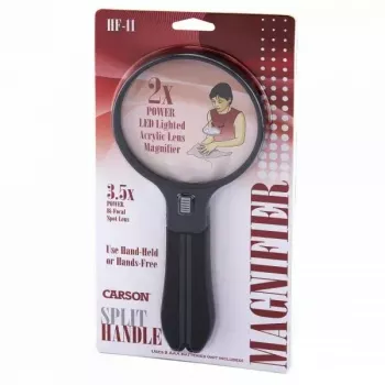 Lupa Carson Split Handle HF-11 — 3,5-násobná ručná lupa, čierna/transparentná, batéria AAA