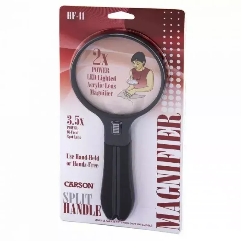 Lupa Carson Split Handle HF-11 — ručná lupa 3,5×, čierna/priehľadná, batéria AAA