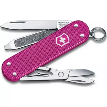 Vreckový nôž Victorinox Classic SD Alox Flamino Party červený — kompaktný multitool s čepeľou, nožničkami, pilníkom na nechty, skrutkovačom, krúžkom na kľúče
