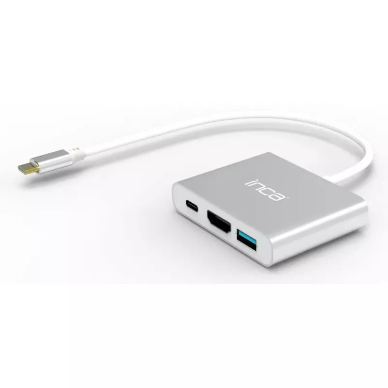 USB Type-C rozširujúci hub INCA ITPC-04T — HDMI, Thunderbolt 3, USB 3.2 Gen1, 5000 Mbit/s, 2160p, strieborný/biely