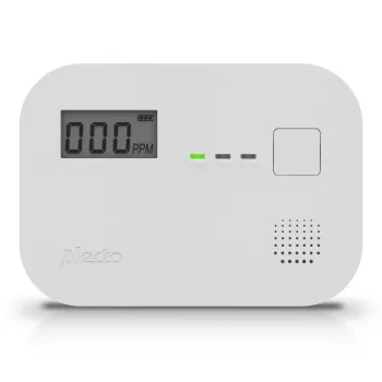 Hlásič oxidu uhoľnatého Alecto COA3910 — elektrochemický CO senzor, na batérie, biela, 110×78×37 mm