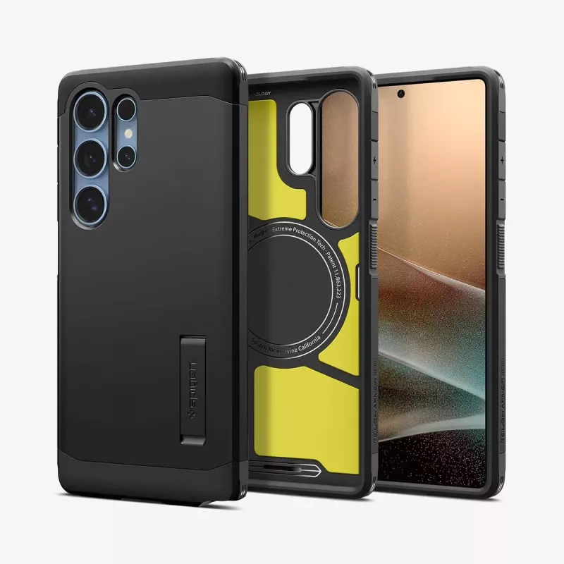 Kryt Spigen Galaxy S25 Ultra Tough Armor AI čierny stojan na stôl