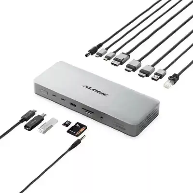 Dokovacia stanica pre notebook / port replikátor ALOGIC TB4DU4 — káblový Thunderbolt, 96 W, čítačka SD-/MicroSD kariet, 3,5 mm, hliník/ABS