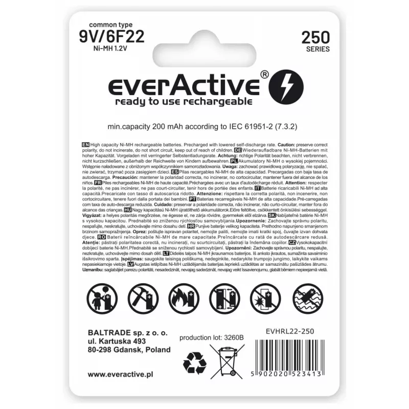 Nabíjacie batérie everActive Ni-MH 6F22 9V 250 mAh Silver Line