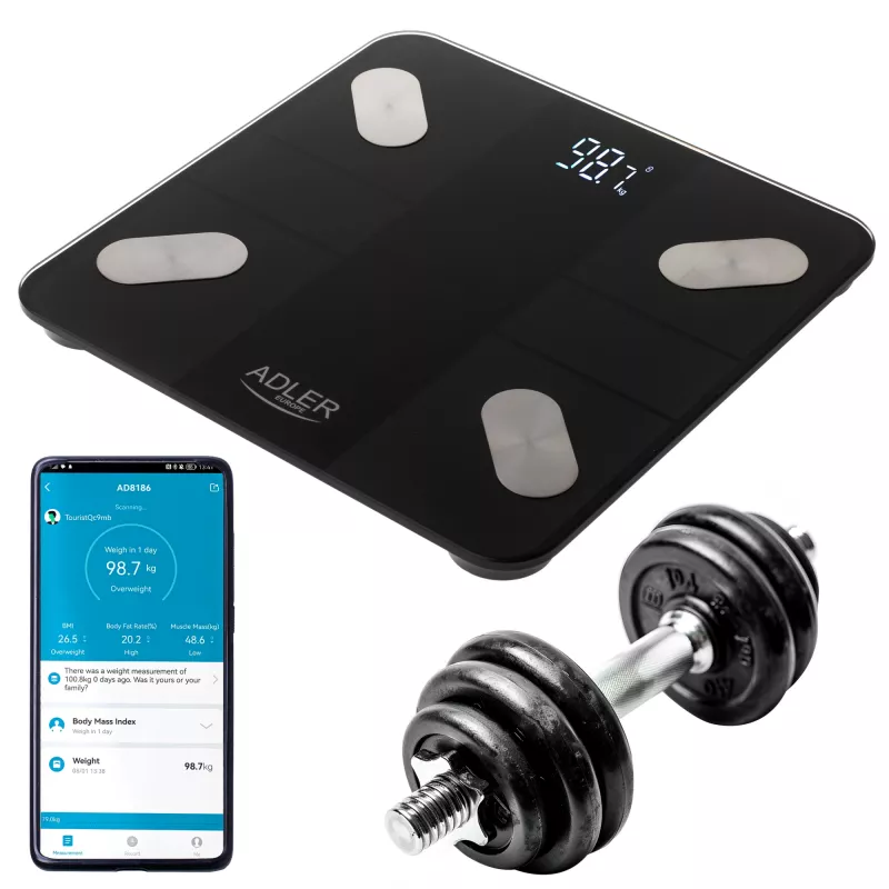 Adler Smart Bathroom Scale AD 8186b automatické vypnutie analýza telesného tuku meranie indexu telesnej hmotnosti (BMI) analýza kostnej hmoty maximálna hmotnosť (kapacita) 180 kg funkcia pamäte viacero používateľov