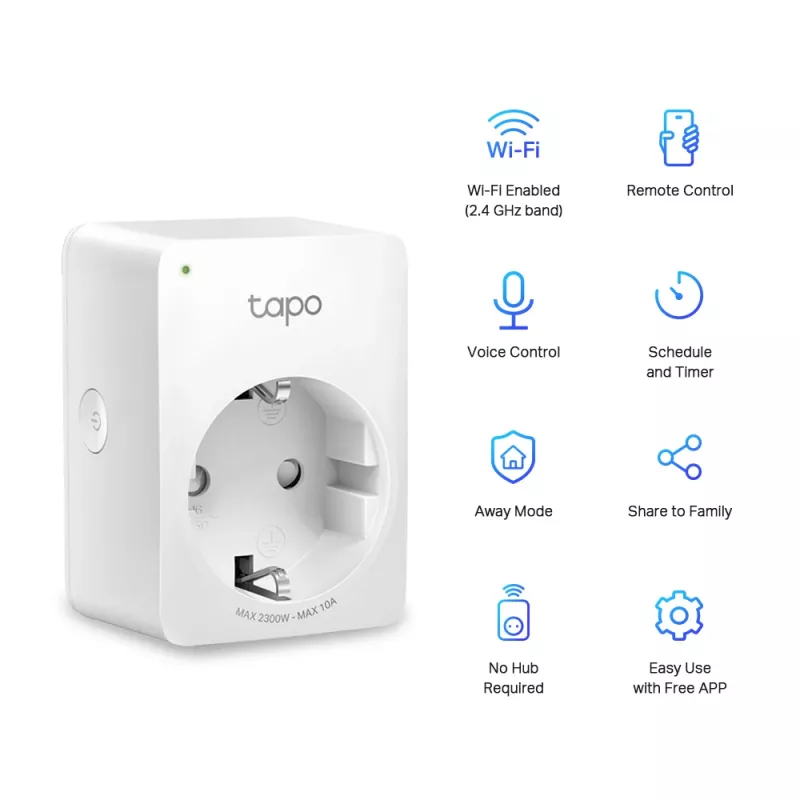 TP-Link Tapo Mini Smart Wi-Fi zásuvka, interiér, biela, domácnosť, polykarbonát (PC), stav, CE, RoHS