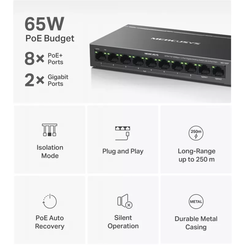 Mercusys MS110CP sieťový switch s podporou PoE čierny