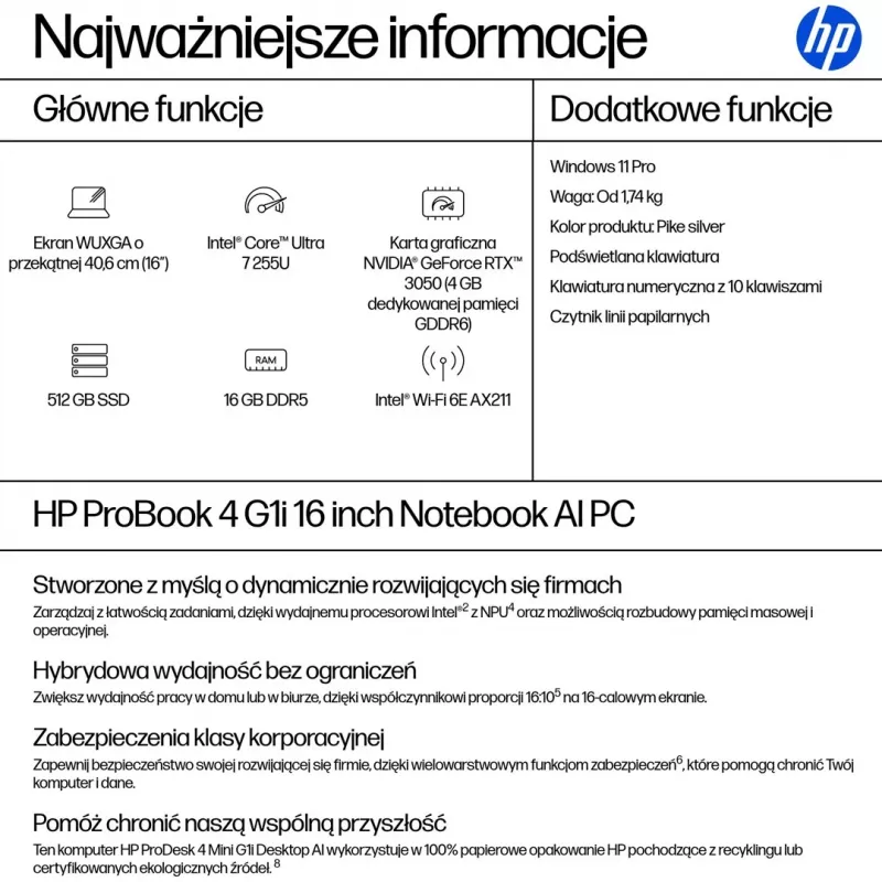 HP ProBook 4 G1i 16 Intel Core Ultra 7 255U 16 palcov 16 GB DDR5 512 GB M.2 PCIe UMA W11P 3YW