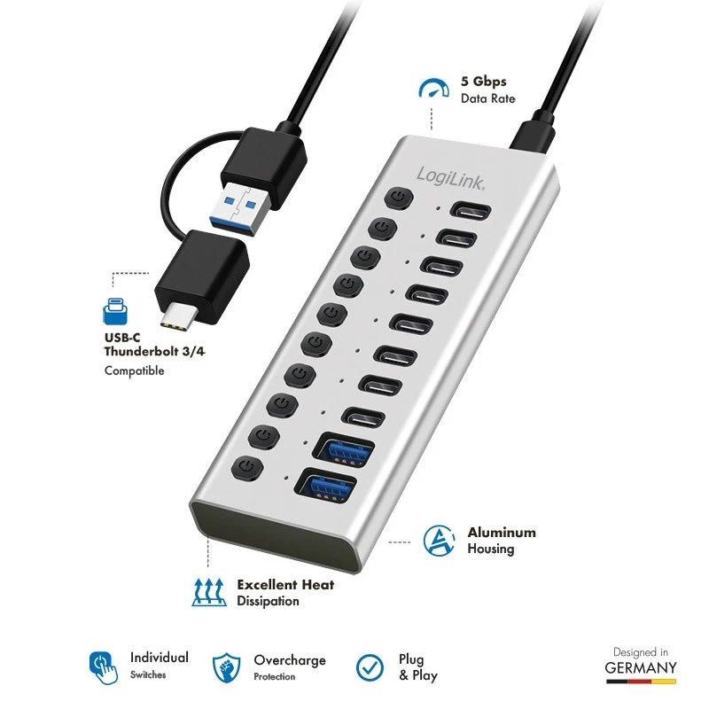 Hub USB3.2 Gen1 10 portov USB-A/C, vypínač
