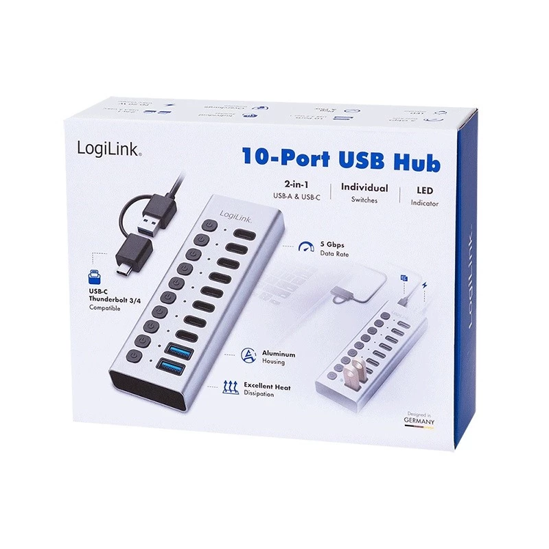 Hub USB3.2 Gen1 10 portov USB-A/C, vypínač