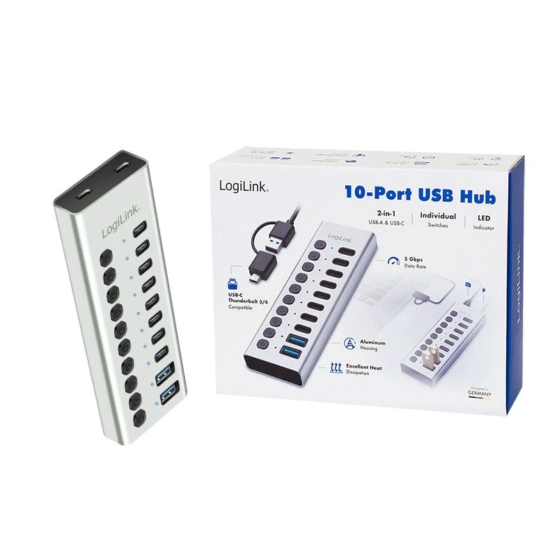 Hub USB3.2 Gen1 10 portov USB-A/C, vypínač