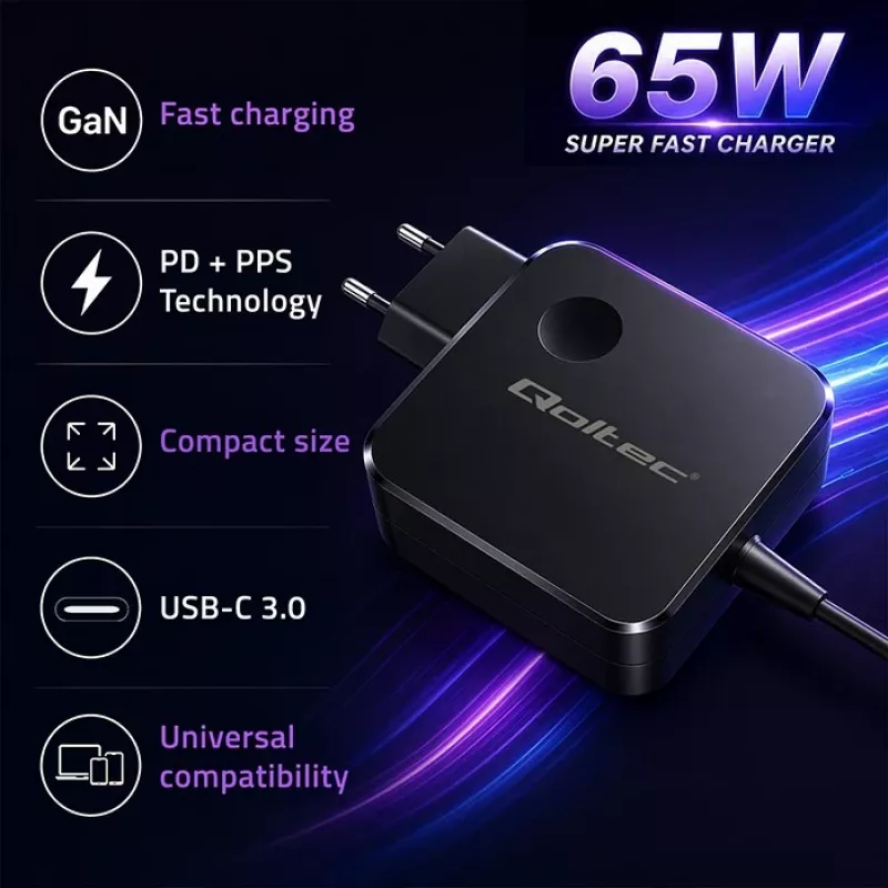 GaN 65W nabíjačka USB C PD PPS 5V 21V 3A 3.25A