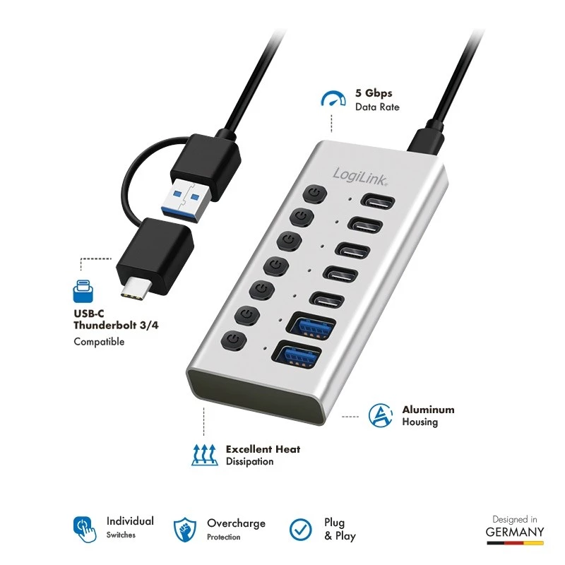 Hub USB 3.2 Gen1 7 portov USB-A/C, vypínač