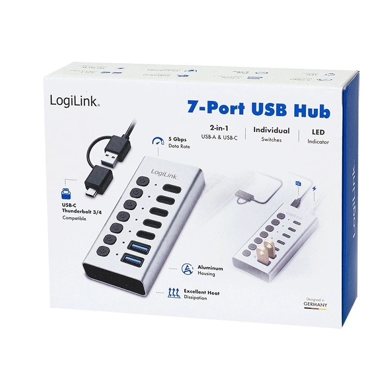 Hub USB 3.2 Gen1 7 portov USB-A/C, vypínač