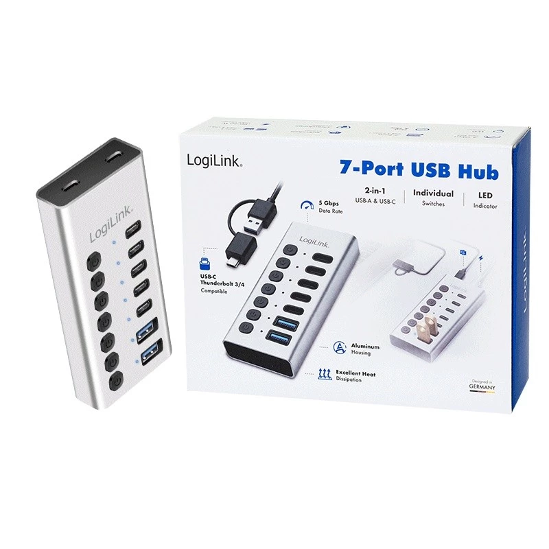 Hub USB 3.2 Gen1 7 portov USB-A/C, vypínač