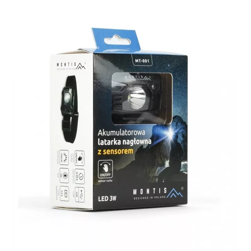 Montis akumulátorová čelová lampa so senzorom MT001 Black Headband flashlight LED