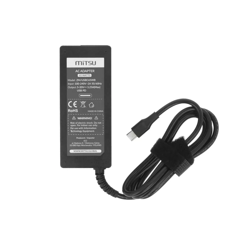 Napájací zdroj na notebook 65W USB-C 5V-9V-12V-15V-20V/3A, 20V/3,25A PD
