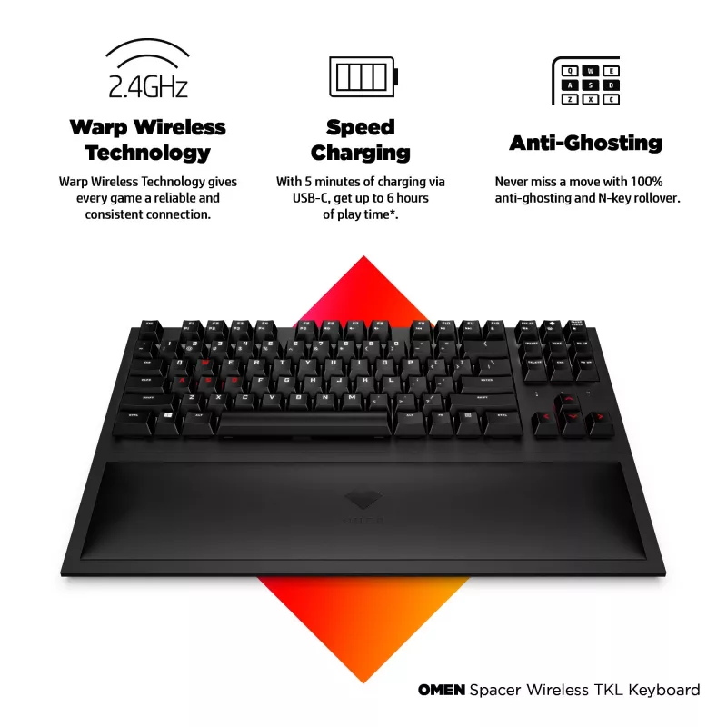 HP OMEN Spacer Wireless TKL klávesnica, plná veľkosť (100 %), bezdrôtová, RF Wireless, mechanická, čierna