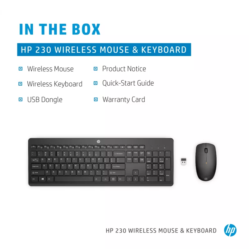 HP 230 bezdrôtová sada myši a klávesnice, plná veľkosť, bezdrôtová, RF Wireless, membránová, čierna, myš súčasťou