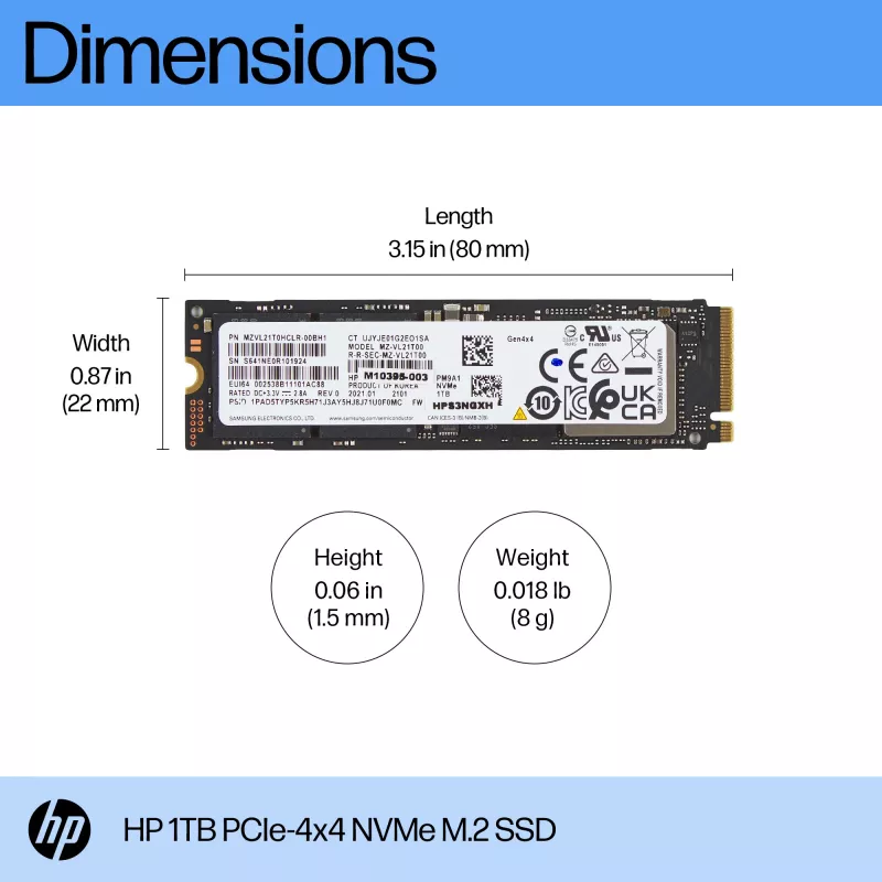 HP 1TB PCIe-4x4 NVMe SSD, 1 TB, M.2