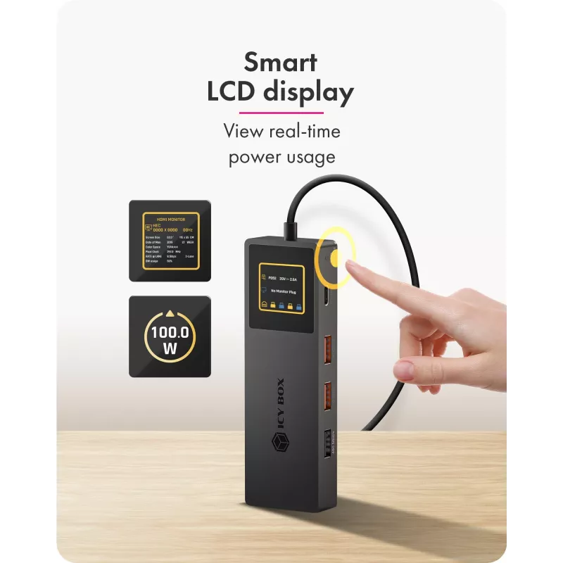 ICY BOX Spade Dock 4038, 7-in-1 dokovacia stanica s LCD displejom a PD 100 W