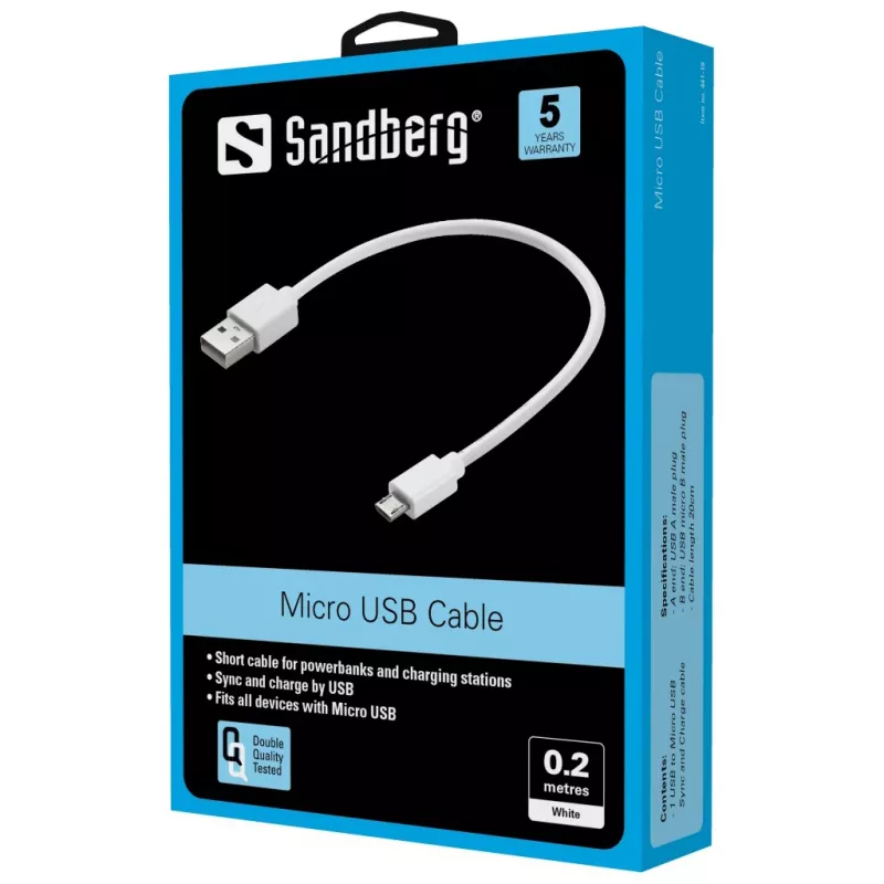 Sandberg MicroUSB Sync/nabíjací kábel 0,2 m, 0,2 m, USB A, Micro-USB B, USB 2.0, biely