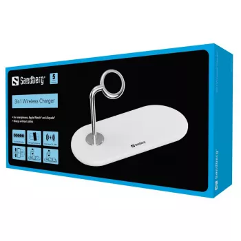 Sandberg 3in1 bezdrôtová nabíjačka, Indoor, USB, bezdrôtové nabíjanie, 0,8 m, strieborná, biela