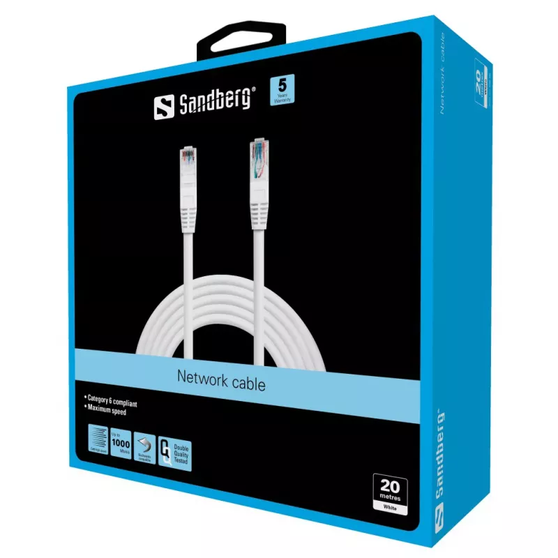 Sandberg sieťový kábel UTP Cat6 20 m, 20 m, Cat6, U/UTP (UTP), RJ-45, RJ-45, biely