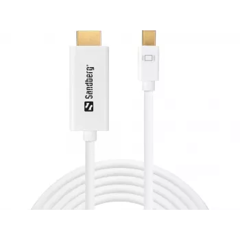 Sandberg MiniDP 1.2 > HDMI 4K 2m, 2 m, Mini DisplayPort, HDMI, konektor samec, konektor samec, biela