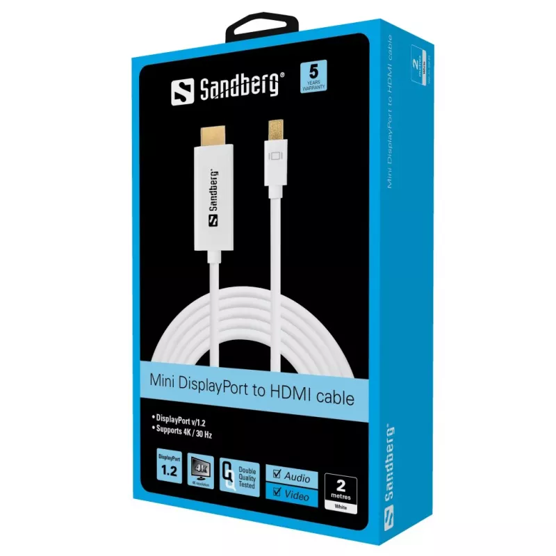 Sandberg MiniDP 1.2 > HDMI 4K 2m, 2 m, Mini DisplayPort, HDMI, konektor samec, konektor samec, biela