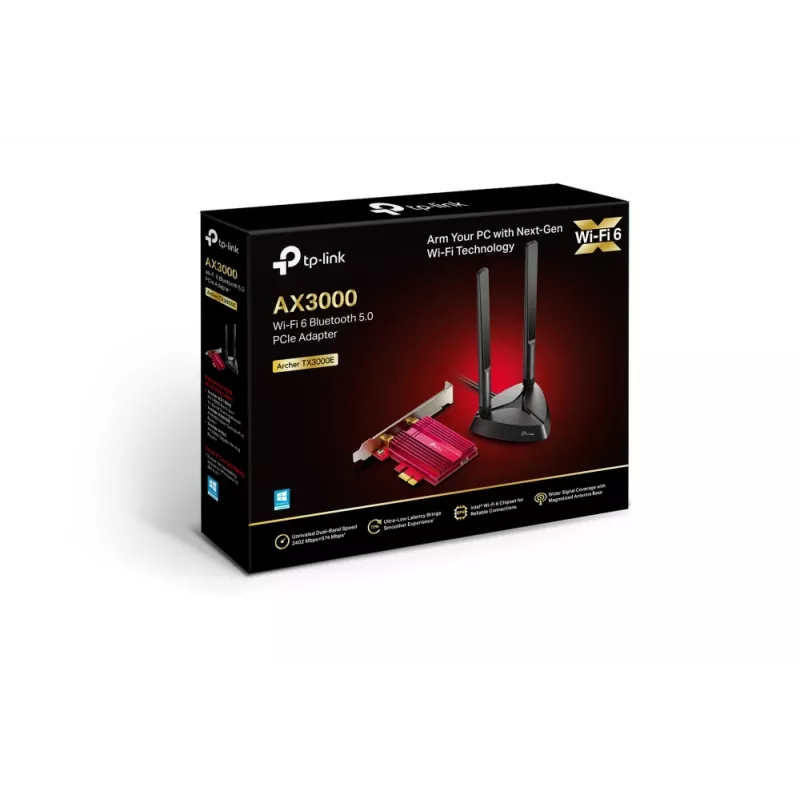 TP-Link AX3000 Wi-Fi 6 Bluetooth 5.0 PCIe adaptér, interný, bezdrôtový, PCI Express, WLAN / Bluetooth, 2402 Mbit/s, čierna, červená