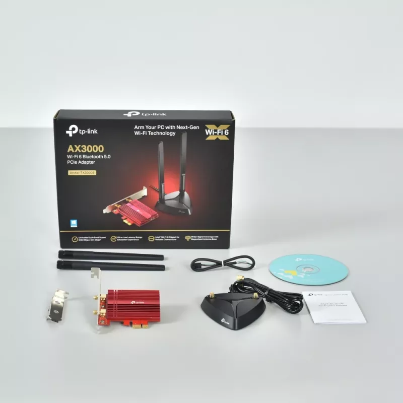 TP-Link AX3000 Wi-Fi 6 Bluetooth 5.0 PCIe adaptér, interný, bezdrôtový, PCI Express, WLAN / Bluetooth, 2402 Mbit/s, čierna, červená