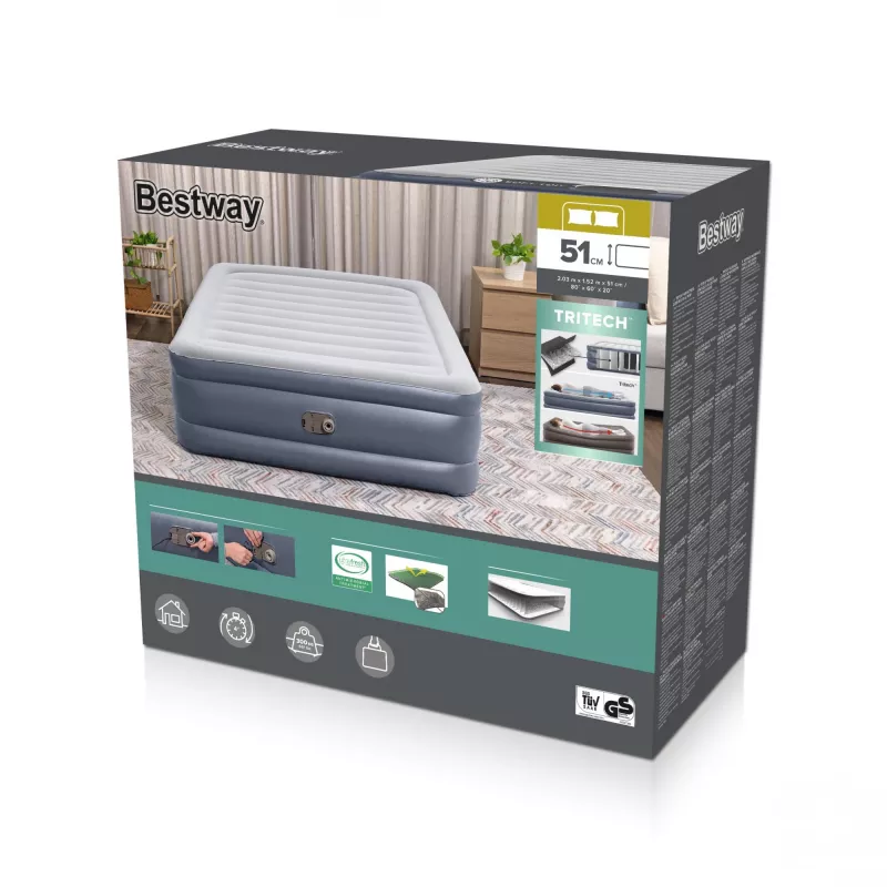 Bestway Tritech nafukovacia matrace Queen s integrovaným AC čerpadlom a antimikrobiálnym povrchom 2,03 m x 1,52 m x 51 cm