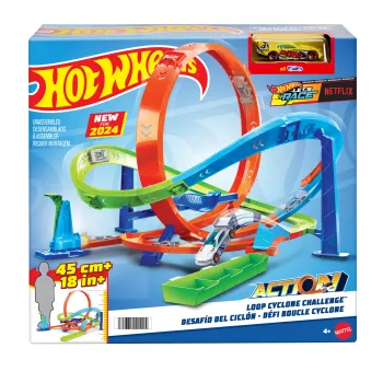 Hot Wheels Action Loop Cyclone Challenge dráha s autíčkom v mierke 1:64, jednoduché skladovanie
