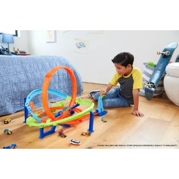 Hot Wheels Action Loop Cyclone Challenge dráha s autíčkom v mierke 1:64, jednoduché skladovanie