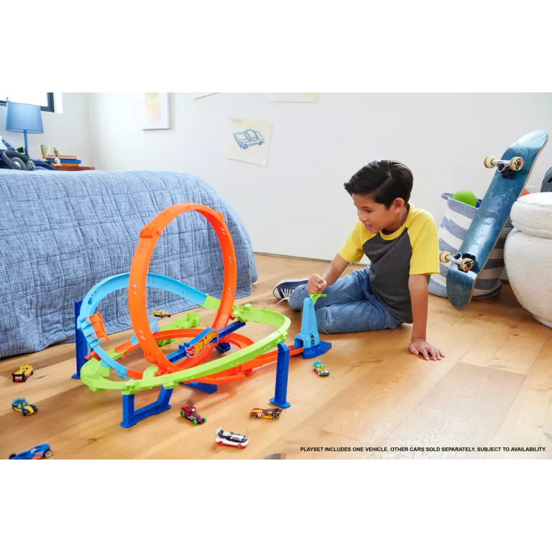 Hot Wheels Action Loop Cyclone Challenge dráha s autíčkom v mierke 1:64, jednoduché skladovanie