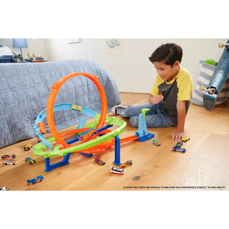 Hot Wheels Action Loop Cyclone Challenge dráha s autíčkom v mierke 1:64, jednoduché skladovanie