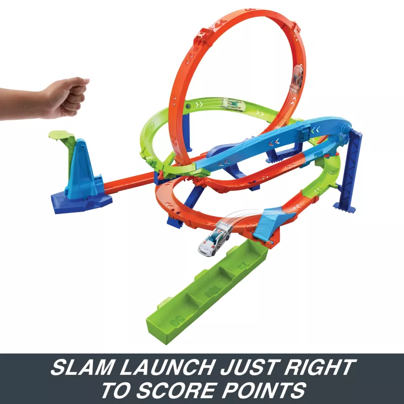 Hot Wheels Action Loop Cyclone Challenge dráha s autíčkom v mierke 1:64, jednoduché skladovanie