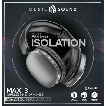Music Sound MAXI3 MAXI3 bezdrôtové Over-Ear slúchadlá s aktívnym potlačením hluku: pohlcujúci zážitok z počúvania bez rozptyľovania, až 35 hodín výdrže batérie. Moderný dizajn, pohodlie, štýl a silný, revolučný zvuk.