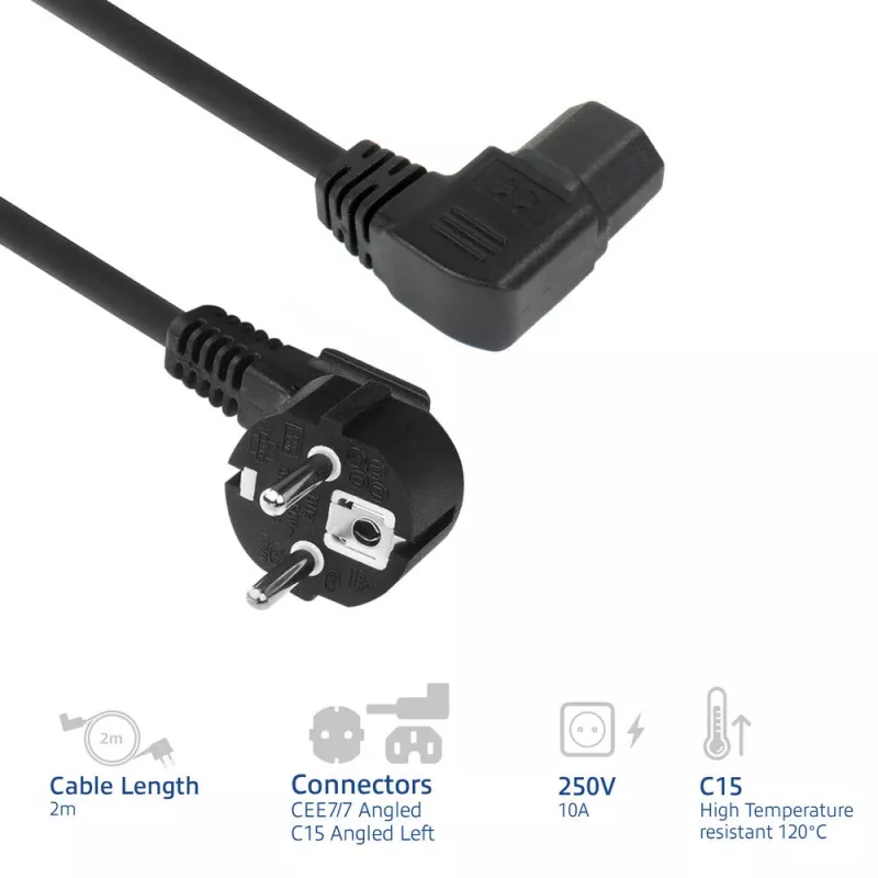 ACT napájací kábel sieťová vidlica CEE7/7 (zahnutá) - C15 (zahnutá vľavo) IEC60320 čierny 2 m
