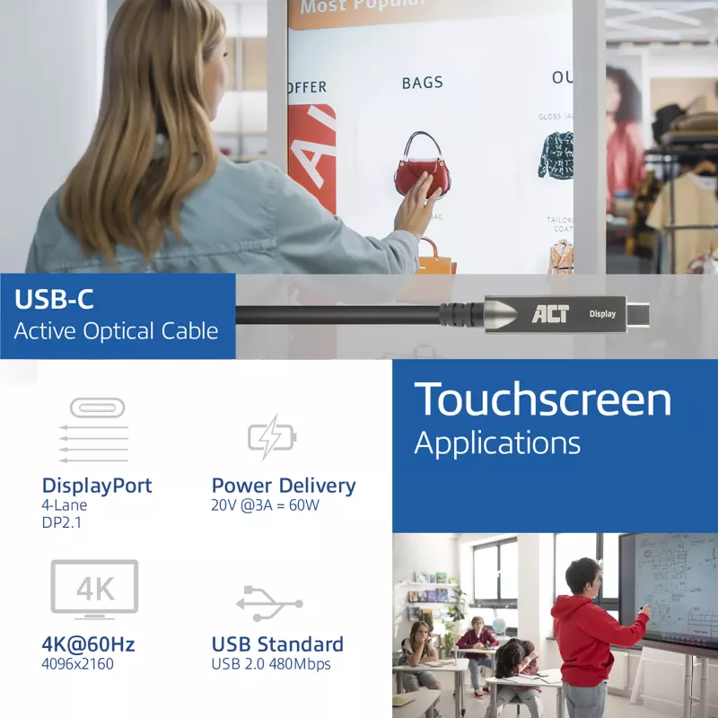 ACT USB-C 3.2 Gen2 Aktívny optický kábel (AOC), pre dotykové panely, video, dáta, napájanie, 7,5 m