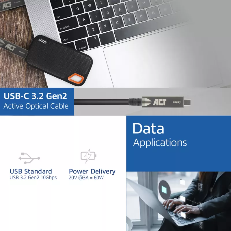 ACT USB-C 3.2 Gen2 Aktívny optický kábel (AOC), pre dotykové panely, video, dáta, napájanie, 7,5 m