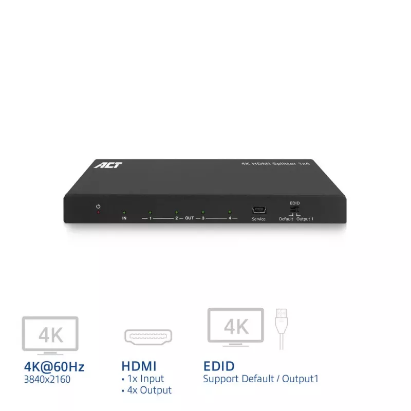 ACT 4K HDMI splitter, 1 na 4, podpora EDID, HDMI, 4x HDMI, 3840 x 2160 pixelov, čierna, 4K Ultra HD, 10,2 Gbit/s