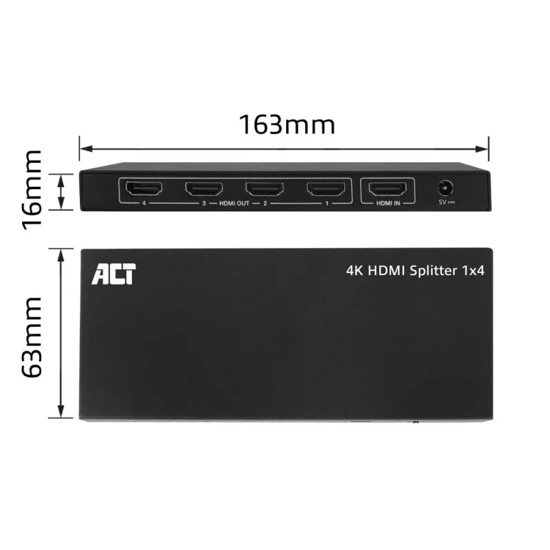 ACT 4K HDMI splitter, 1 na 4, podpora EDID, HDMI, 4x HDMI, 3840 x 2160 pixelov, čierna, 4K Ultra HD, 10,2 Gbit/s