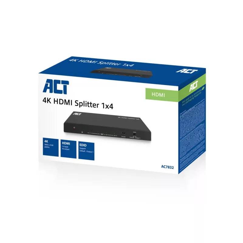ACT 4K HDMI splitter, 1 na 4, podpora EDID, HDMI, 4x HDMI, 3840 x 2160 pixelov, čierna, 4K Ultra HD, 10,2 Gbit/s
